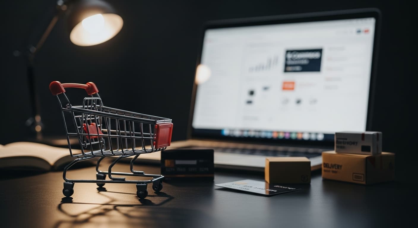 Online store on a laptop with shopping cart, payment cards and delivery boxes