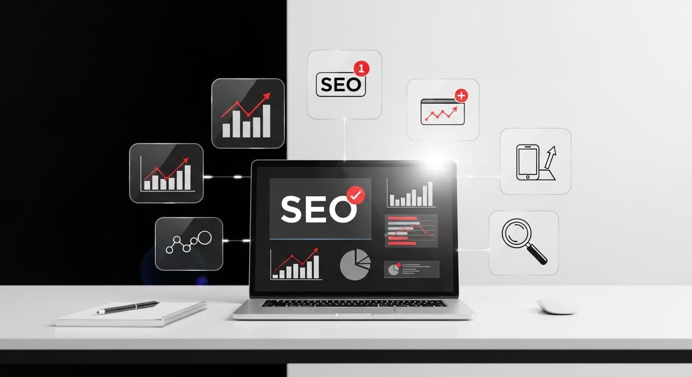 Laptop showing an SEO dashboard with ranking and traffic growth charts